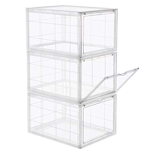 SONGMICS Cajas de Zapatos Apilables Plástica Rígida Ahorro de Espacio Fácil Montaje 28 X 36 x 22 cm para Zapatos hasta la Talla 46 Juego de 3 Blanco Transparente LSP03TP