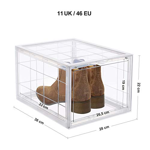 SONGMICS Cajas de Zapatos Apilables Plástica Rígida Ahorro de Espacio Fácil Montaje 28 X 36 x 22 cm para Zapatos hasta la Talla 46 Juego de 3 Blanco Transparente LSP03TP