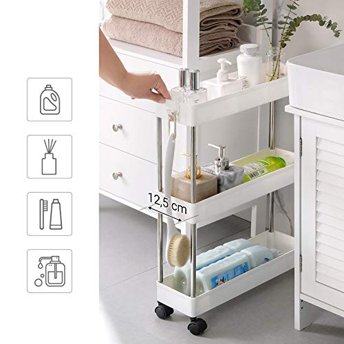 SONGMICS Carro de 3 Estantes Estrecho, Estantería con Ruedas, Carro para el Baño, para la Cocina, 40 x 12,5 x 60 cm, Blanco KSC007W01