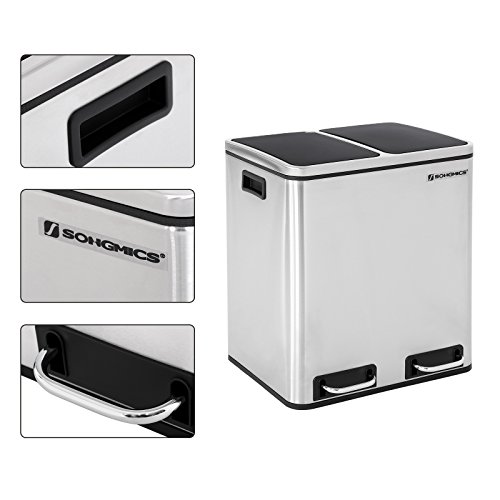 SONGMICS Cubo de Reciclaje de 30L, Cubo de Basura de Metal, Basurero con Cubo Interno y Asas, 2 x 15 litros para Cocina, Cierre Suave, Hermético, Plata LTB30H