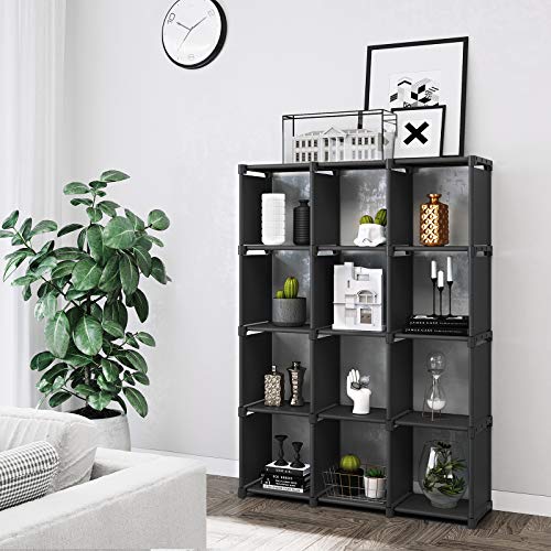 SONGMICS Cubos de Almacenamiento, Librería con 12 Compartimentos, Armario Modular, para Salón, Dormitorio, Baño, 105 x 30 x 140 cm, Martillo de Goma Incluido, Negro LSN12BK