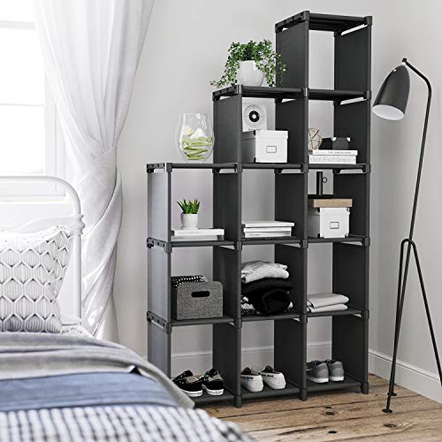 SONGMICS Cubos de Almacenamiento, Librería con 12 Compartimentos, Armario Modular, para Salón, Dormitorio, Baño, 105 x 30 x 140 cm, Martillo de Goma Incluido, Negro LSN12BK