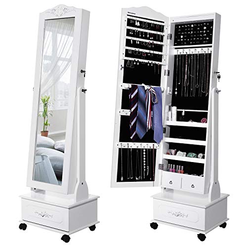 SONGMICS Espejo Joyero, Armario con LED, Organizador de Joyerías, Blanco JBC61W