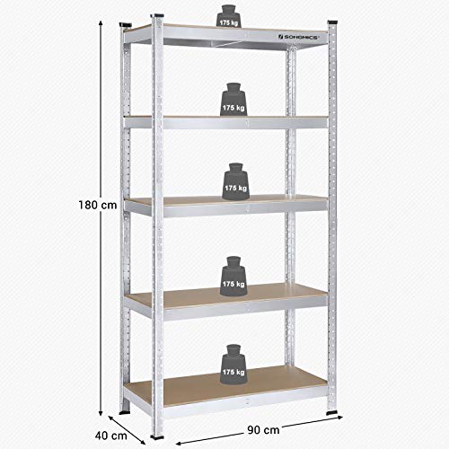 Songmics - Estantería para Cargas Pesadas, 180 x 90 x 40 cm, soporta hasta 875 kg, 5 estantes Ajustables, estantería de Metal, estantería de Taller, sótano, Garaje, Plata GLR40SV