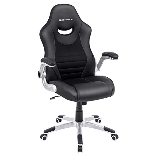 SONGMICS Silla de Oficina Giratoria, Silla Ergonómica, con Apoyabrazos abatibles, Base de Estrella de Nylón, Carga Máxima de 150 kg, Negro OBG63BK