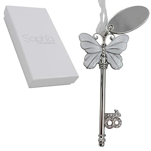 Sophia Collection - Llave chapada en plata con esmalte blanco, diseño de mariposa, regalo de 18 cumpleaños