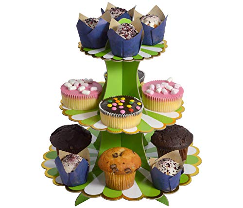 Soporte de 3 pisos para magdalenas, decoración de cupcakes, cartón, 3 pisos, para tartas, muffins, tamaño grande verde