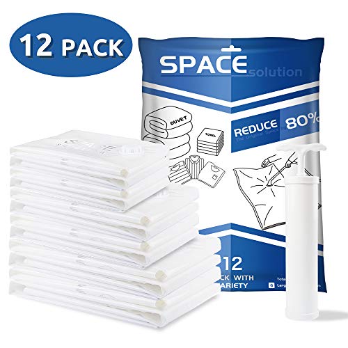 SPACE solution Bolsas de Almacenaje al Vacío 12 Unidades，4*Jumbo+4*Grandes+4*Pequeñas Almacenamiento al vacío a Prueba de Polvo para Guardar Ropa, Ropa de Cama,Almohadas, Viaje