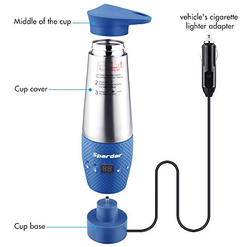 Spardar - Taza de calentamiento de agua para coche, doble pared, aislada al vacío, de acero inoxidable, automático, encendedor de cigarrillos DC12 V, hervidor eléctrico de agua hervida azul