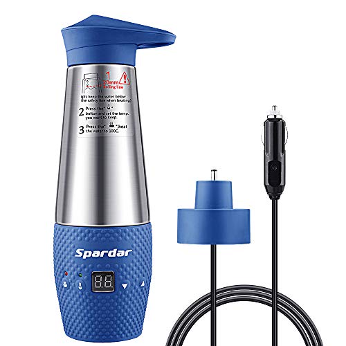 Spardar - Taza de calentamiento de agua para coche, doble pared, aislada al vacío, de acero inoxidable, automático, encendedor de cigarrillos DC12 V, hervidor eléctrico de agua hervida azul