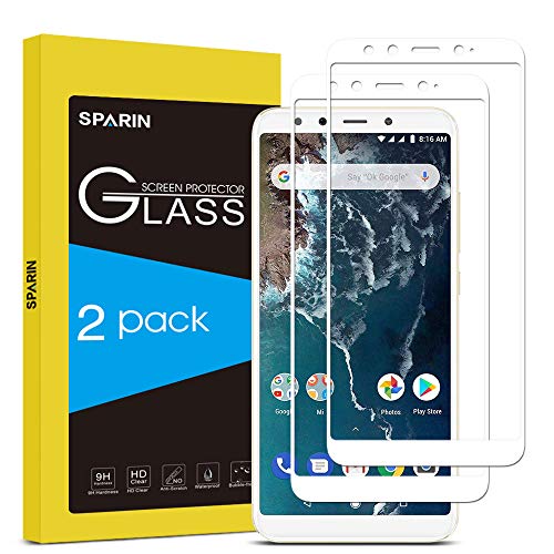 SPARIN [2-Pack] Cristal Templado Xiaomi Mi A2, Full-Cover Protector Pantalla Xiaomi Mi A2 [Sin Burbujas] [Anti-Arañazos] [Dureza 9H] [Anti-Huella] Blanco