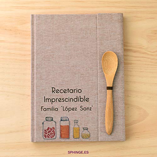 Sphinge - Recetario en blanco personalizado | Libro de recetas de cocina para escribir tapa dura A5 | Índice y cucharita de bambú | Español català euskera galego inglés | Encuadernación artesanal