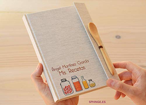 Sphinge - Recetario en blanco personalizado | Libro de recetas de cocina para escribir tapa dura A5 | Índice y cucharita de bambú | Español català euskera galego inglés | Encuadernación artesanal
