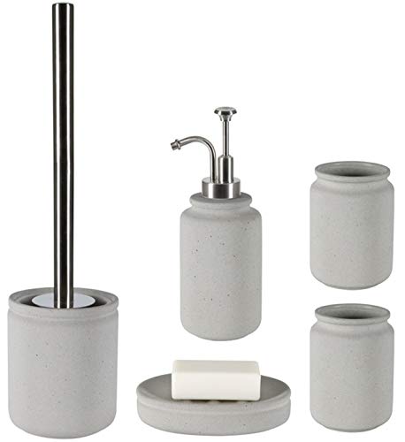 Spirella - Juego de 5 accesorios para baño (cerámica, dispensador de jabón, jabonera, caja de almacenamiento y vaso para cepillos de dientes, color gris