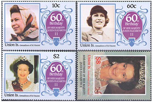 Stampbank Conjunto de 4 Sellos Celebrando el cumpleaños 60º de la Reina británica Isabel II / 1986 / Granadinas de San Vicente / MNH Calidad