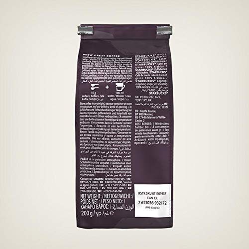 Starbucks 12411370 Espresso Dark Roast Café de Grano Entero de Tostado Intenso, 6 x Bolsa de 200g