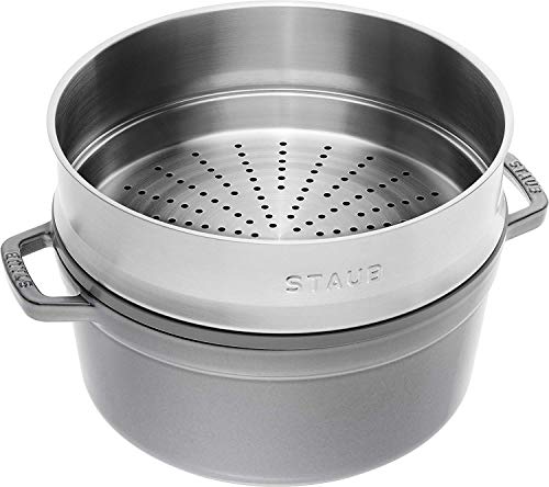 STAUB Cocotte Redonda con Cesta Vapor, Hierro Fundido, Gris Grafito, 26 cm