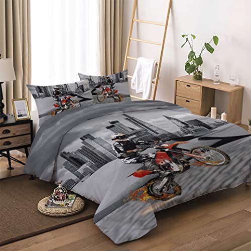 Sticker Superb Ropa de Cama de Motocicleta 3D 180x220 cm Single Cama de 90 cm Deportes Extremos Saltar Borde Gris de Ciudad Mapa del Desierto Funda Nórdica Funda de Almohada (180_x_220_cm)