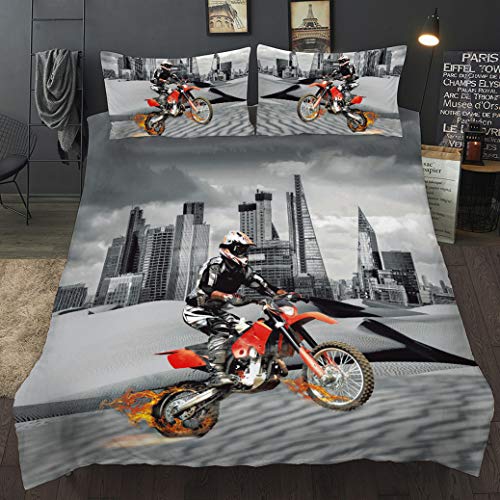 Sticker Superb Ropa de Cama de Motocicleta 3D 180x220 cm Single Cama de 90 cm Deportes Extremos Saltar Borde Gris de Ciudad Mapa del Desierto Funda Nórdica Funda de Almohada (180_x_220_cm)