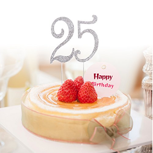 stobok Pastel Topper brillantes 25 Número tartas Repostería Para 25. Aniversario Fiesta de cumpleaños accesorios (Plata)