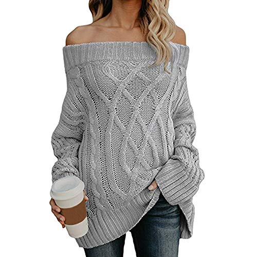 Suéter Mujer,ZARLLE Moda Oferta Liquidación Sudadera para Mujer Cuello Redondo Sólido Off Shoulder Suelto Cable Prendas de Punto Invierno Manga Larga Tops Jersey Largo Pullover Blusa