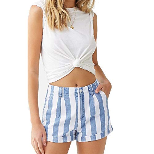 Summer Stripe Denim Shorts Mujeres Sexy Mid Waist Short Jeans Moda Estilo Dulce Casual Slim Plus Size Hotpants Streetwear S Blue