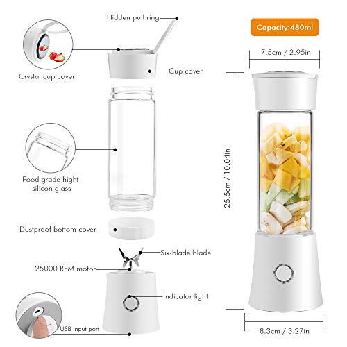 Sunix Licuadora Portátil USB Recargable, Batidora de Vaso Individual Extractor de Zumos 480ml sin BPA y Limpieza Fácil, Operación con Solo Botón para Fruta, Verdura, Smoothies, Milkshake