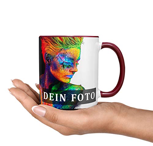 Sunnywall Taza de cerámica personalizable con tu propia foto o texto impreso, taza de foto, taza con diseño gratis, tarjeta de regalo (cerámica marrón rojo)