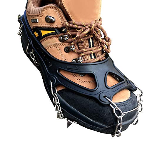 Suntapower Crampones, 18 Dientes Claws multifunción Antideslizante Ice Craat Crampones con Cadena de Acero Inoxidable para Picos de Hielo Hiking Camping Moutaineering, Negro L