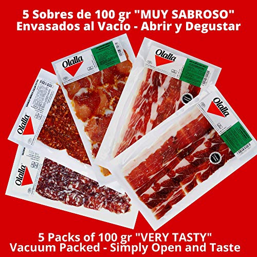 Surtidos Ibericos Degustacion Loncheados a mano - Jamón + Paleta + Lomo ( Ibericos de Cebo de Campo Iberico ) + Chorizo Cular Iberico + Sachichon Cular Iberico - 5 Sobres 100 gr envasados al vacio