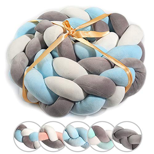 SXYHKJ Cama Bebé Cojín Trenzado Parachoques Torre de Cama Cojín Protectores Para Cunas y Camas de Bebé Parachoques Trenzado Cuna (200CM, Blanco + gris + azul)