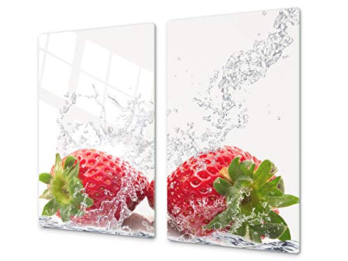 Tabla de cocina de vidrio templado - Tabla de cortar de cristal resistente – Cubre Vitro Decorativo – UNA PIEZA (60 x 52 cm) o DOS PIEZAS (30 x 52 cm); D07 Frutas y verduras: Fresa 30