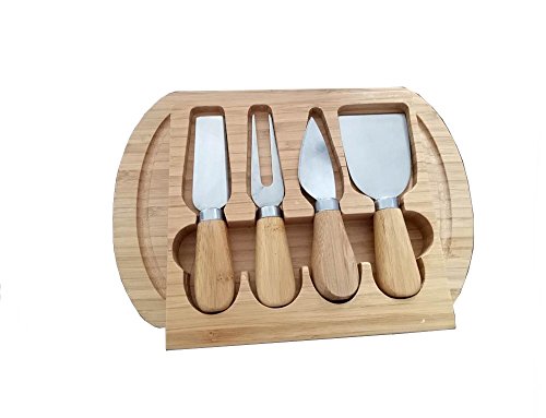 Tabla de queso de madera de bambú respetuosa con el medio ambiente, con laminador, cuchillo, tenedor, cajón, regalo ideal