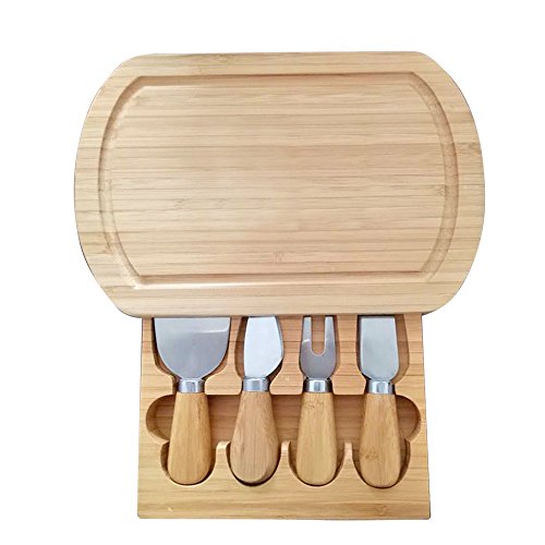 Tabla de queso de madera de bambú respetuosa con el medio ambiente, con laminador, cuchillo, tenedor, cajón, regalo ideal