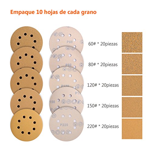 TACKLIFE Papel de Lija de 100 Piezas 60, 80, 120, 150, 240 Granos Surtidos 125mm ASD04C Papeles de Lija Abrasivos con 8 Agujeros, Velcro Durable para Lijadora Excéntrica, Seco, Cambio Rápido