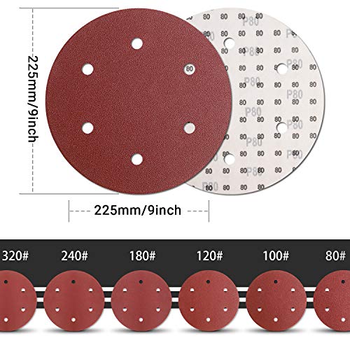 TACKLIFE Papeles de Lija, 30PCS 225mm Lijas de 80, 100, 120, 180, 240, 320 Granos, para Lijadora de Pared de 225mm, Papeles Abrasivos con 6 Agujeros, Cambio Rápido con Gancho y Bucle, ASD5A