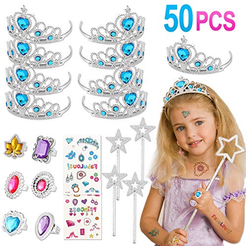 Tacobear 50 Piezas Disfraz Princesa Niña con Tiara Princesa Corona Princesa Tatuajes Anillos Varita Mágica Disfraces Princesas Vestido Accesorios Set Regalos Fiesta Cumpleaños para Niñas Niños (Azul)