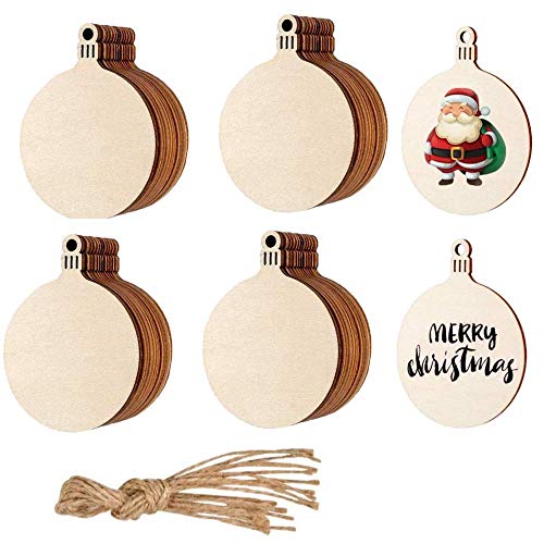 Taianji - 100 bolas de madera de Navidad para decoración de árbol de Navidad sin terminar, forma redonda en blanco con cuerda de madera, manualidades