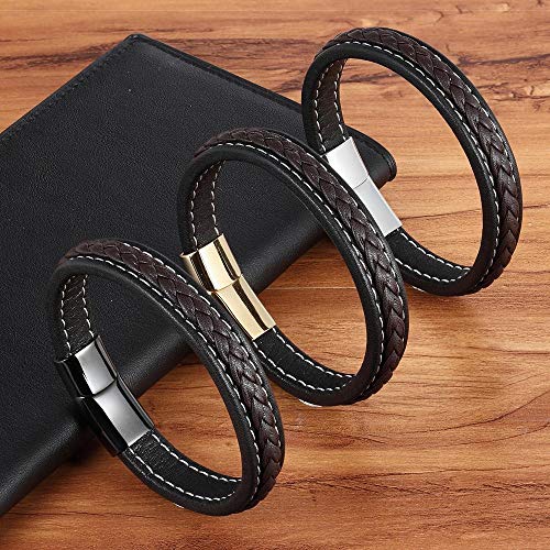 tajia Cross Braided Design Leather Bracelet for Men Women Stainless Steel Magnetic Button Charm Cuff Bangle Gift 3 Sizes Choose 21CM Steel Blackblue