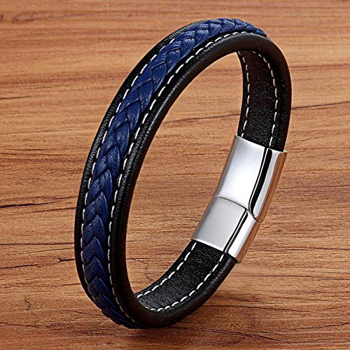 tajia Cross Braided Design Leather Bracelet for Men Women Stainless Steel Magnetic Button Charm Cuff Bangle Gift 3 Sizes Choose 21CM Steel Blackblue