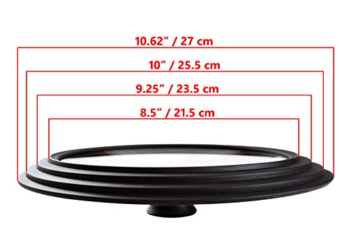 Tapa de vidrio Universal , tapas graduadas de cocina, de tamaño múltiple, 21.5 cm / 8.5”, 23.5 cm / 9.25”, 25.5 cm / 10” (bordes exteriores 27 cm / 10.6”) para ollas y sartenes, negro