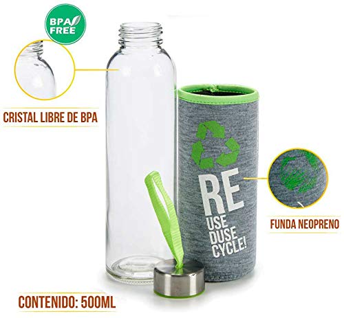 TAPAS & ENVASES RIOJA Botellas de Agua Cristal Botellas de Agua Reutilizables sin bpa con Funda de Neopreno Botella de Deporte térmica con tapón de Aluminio a Rosca Incluido de 500Ml (Multicolor)