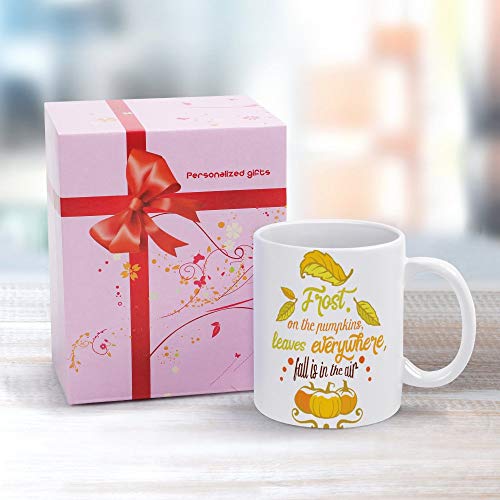 Taza de té de café, regalo único de cumpleaños para hombres y mujeres divertida taza de café té blanco de escarcha en las hojas de calabaza