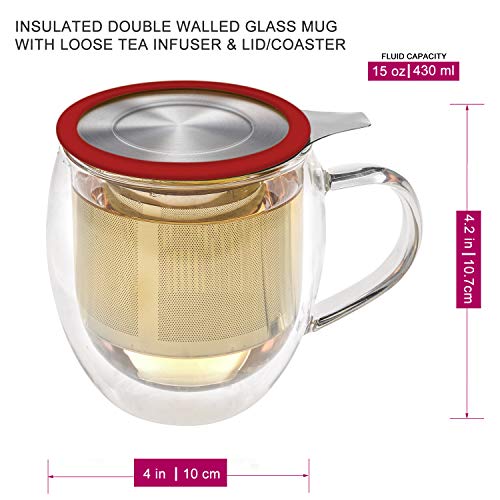 Taza de té de cristal doble con infusor de Teabloom & tapa +2 flores de té gourment - taza de té de 15 oz - la tapa sirve también de posavasos – Disponible en 4 colores