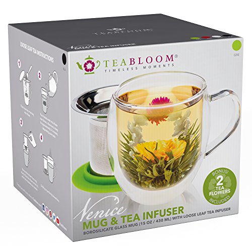 Taza de té de cristal doble con infusor de Teabloom & tapa +2 flores de té gourment - taza de té de 15 oz - la tapa sirve también de posavasos – Disponible en 4 colores