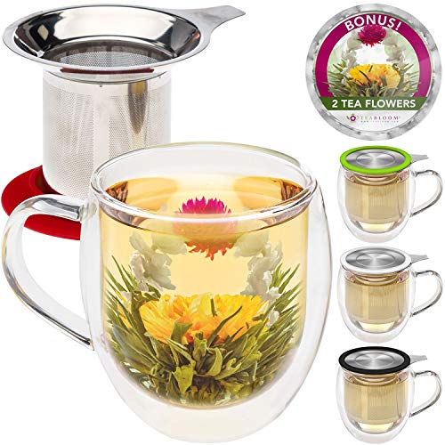 Taza de té de cristal doble con infusor de Teabloom & tapa +2 flores de té gourment - taza de té de 15 oz - la tapa sirve también de posavasos – Disponible en 4 colores