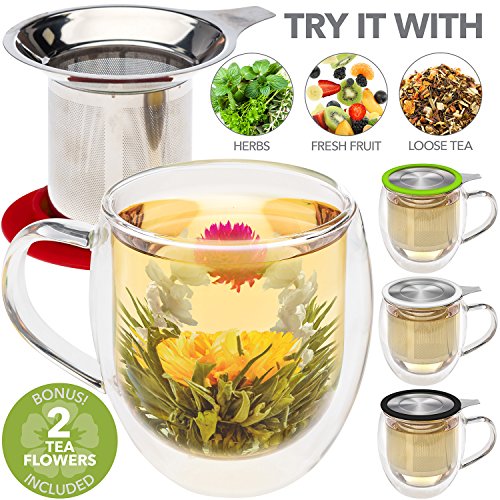 Taza de té de cristal doble con infusor de Teabloom & tapa +2 flores de té gourment - taza de té de 15 oz - la tapa sirve también de posavasos – Disponible en 4 colores