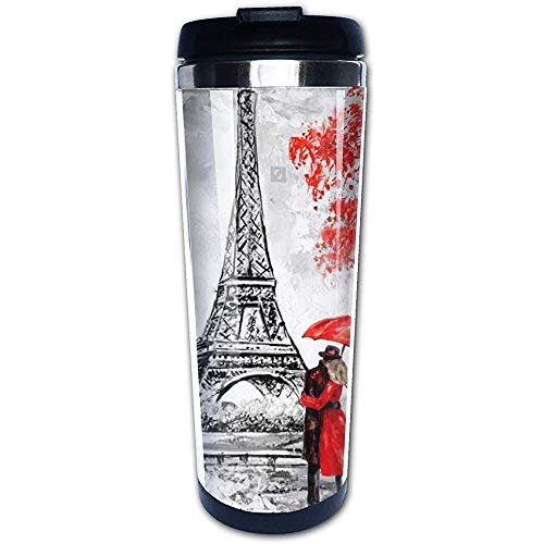 Taza De Termo,Termico Café,Frasco Al Vacío,Pintura Al Óleo París Ciudad Europea Paisaje Francia Torre Eiffel Tazas De Café De Acero Inoxidable,Copa De Botella De Agua Con Tapas