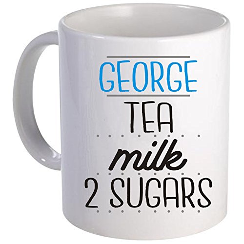 Taza personalizada con nombre, té, leche y azúcar (azul)