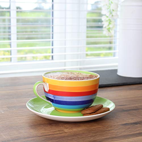 Taza y platillo de cerámica con diseño de rayas arcoíris para un gran desayuno de té o café ~ Extra grande